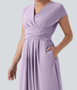 Breezeful™ V Neck Short Sleeve Pocket Tie Back Quick Dry Midi Casual Dress - Leisurely Lavender