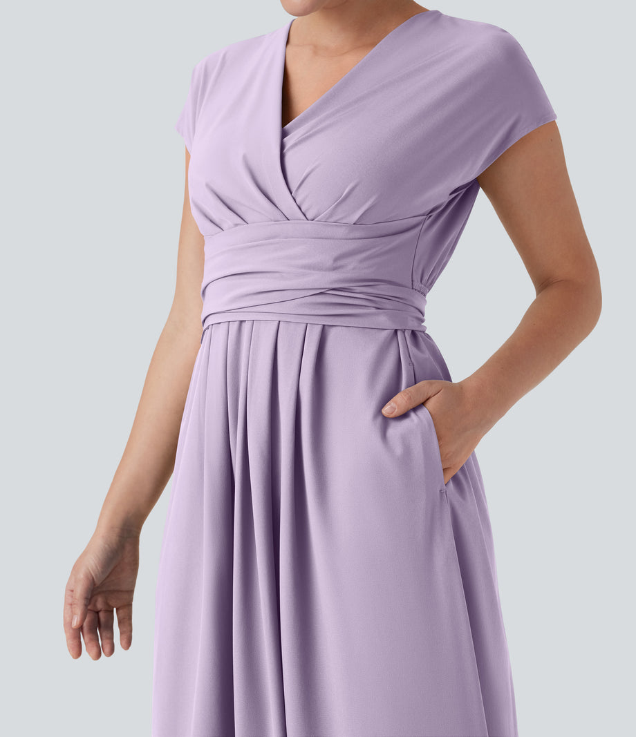 Breezeful™ V Neck Short Sleeve Pocket Tie Back Quick Dry Midi Casual Dress - Leisurely Lavender