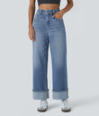 Halara Flex™ High Waisted Pockets Rolled Hem Wide Leg Washed Casual Jeans - Cedar Blue Denim
