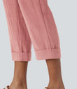 High Waisted Zipper Pocket Cropped Linen-Feel Pants - Rosette