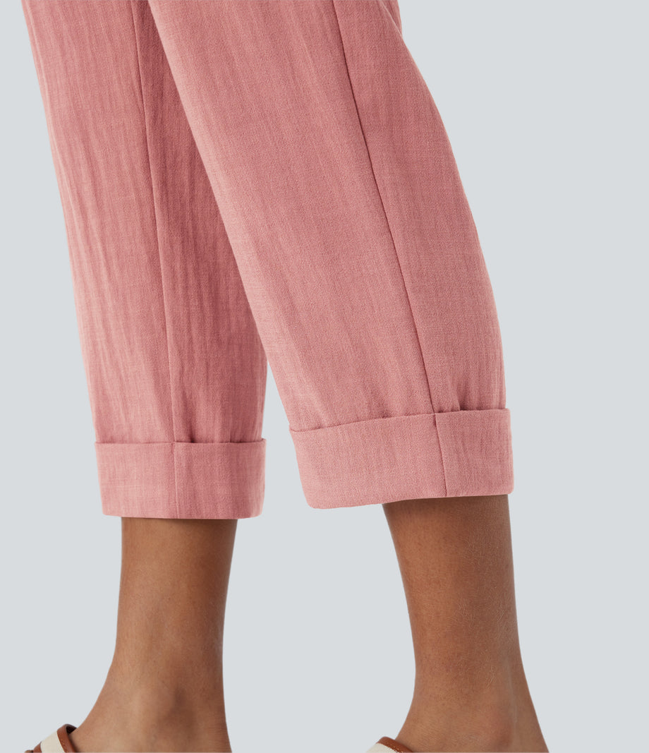 High Waisted Zipper Pocket Cropped Linen-Feel Pants - Rosette