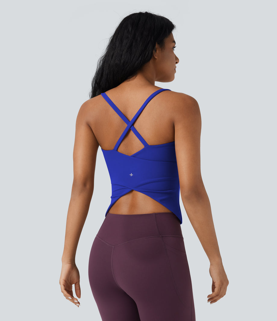 Scoop Neck Crisscross Back Crossover Hem Yoga Cami Top - Night Sky Blue