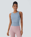 Round Neck Racerback Ruched Yoga Tank Top - Light Grey Blue