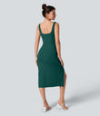 SoftlyZero™ Airy Square Neck Backless Corset Ruched Split Bodycon Midi Cool Touch Bridesmaid and Wedding Guest Dress - Forest Biome