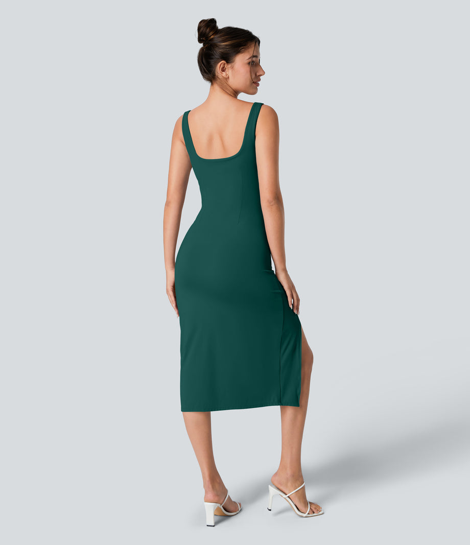 SoftlyZero™ Airy Square Neck Backless Corset Ruched Split Bodycon Midi Cool Touch Bridesmaid and Wedding Guest Dress - Forest Biome