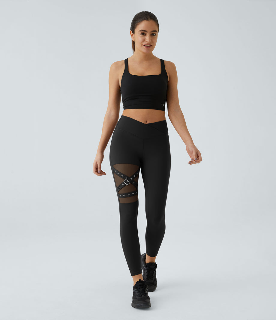 DayStretch High Waisted Crossover Contrast Mesh Decorative Buckle Yoga Leggings - Black