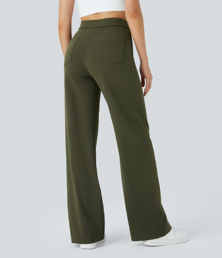 DayStretch High Waisted Pockets Straight Leg Casual Pants - Forest Night