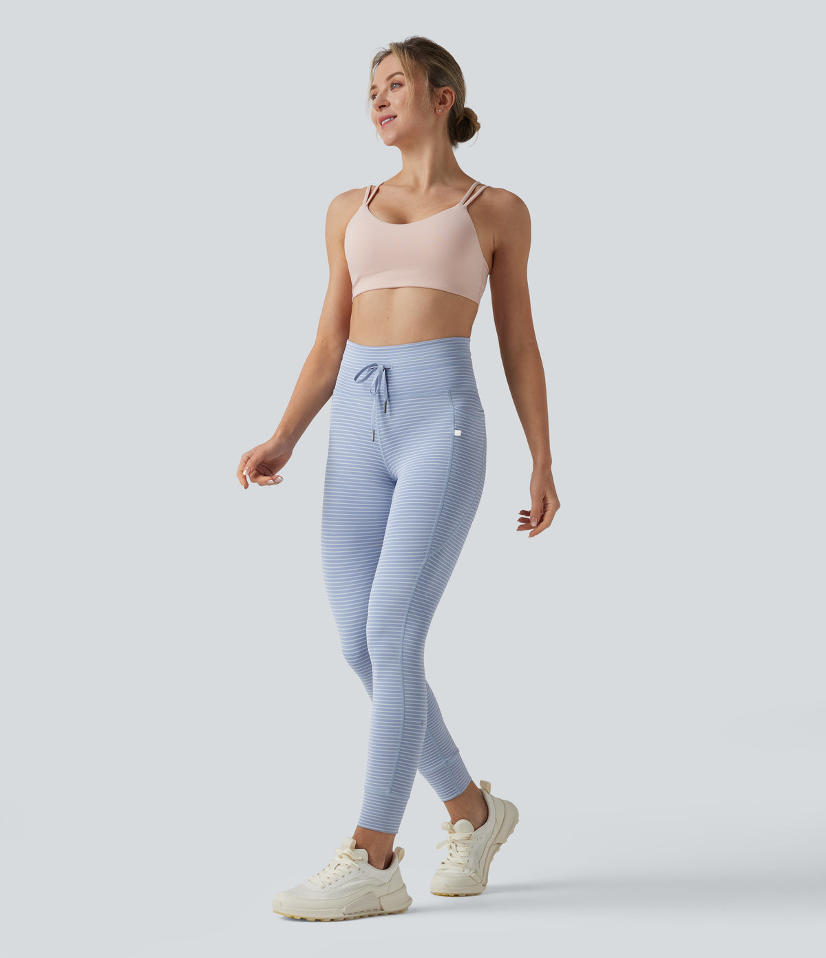 High Waisted Drawstring Striped Yoga Leggings with Pockets - Cloud Stripe