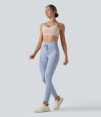 High Waisted Drawstring Striped Yoga Leggings with Pockets - Cloud Stripe