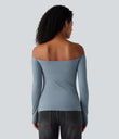 Ribbed Knit Off Shoulder Long Sleeve 2-in-1 Casual Top - Dusty Blue