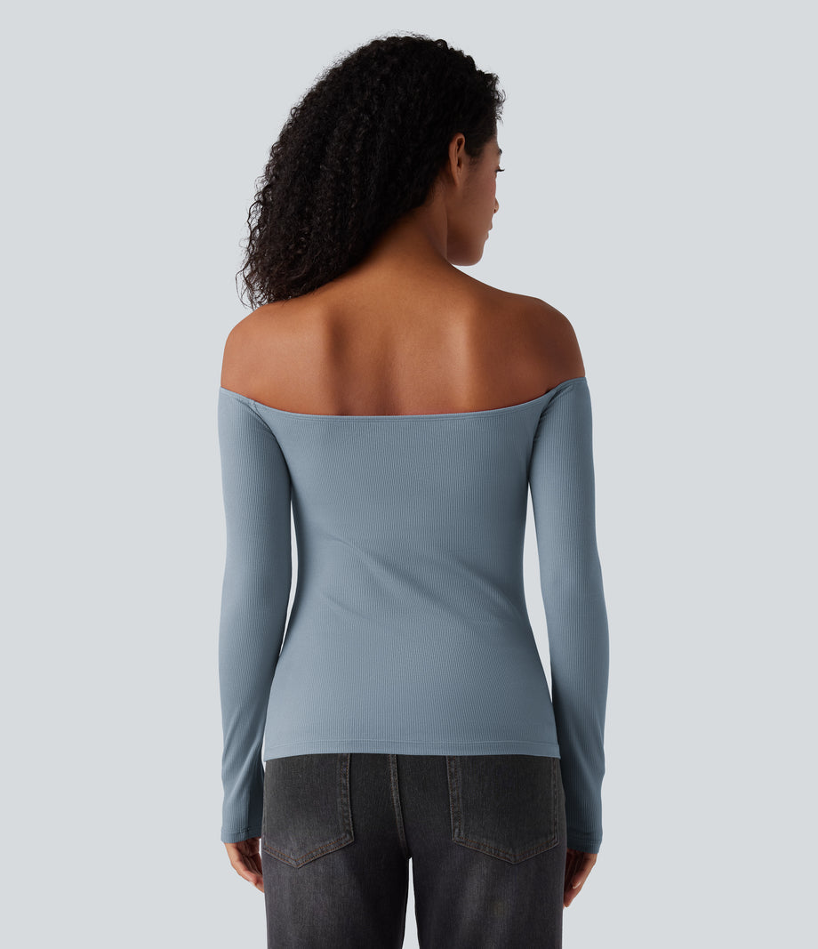 Ribbed Knit Off Shoulder Long Sleeve 2-in-1 Casual Top - Dusty Blue
