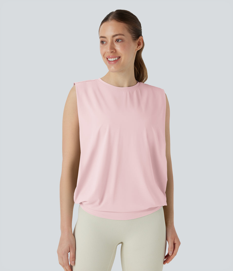 Round Neck Ruched Cool Touch Yoga Tank Top-UPF50+ - Primrose Pink
