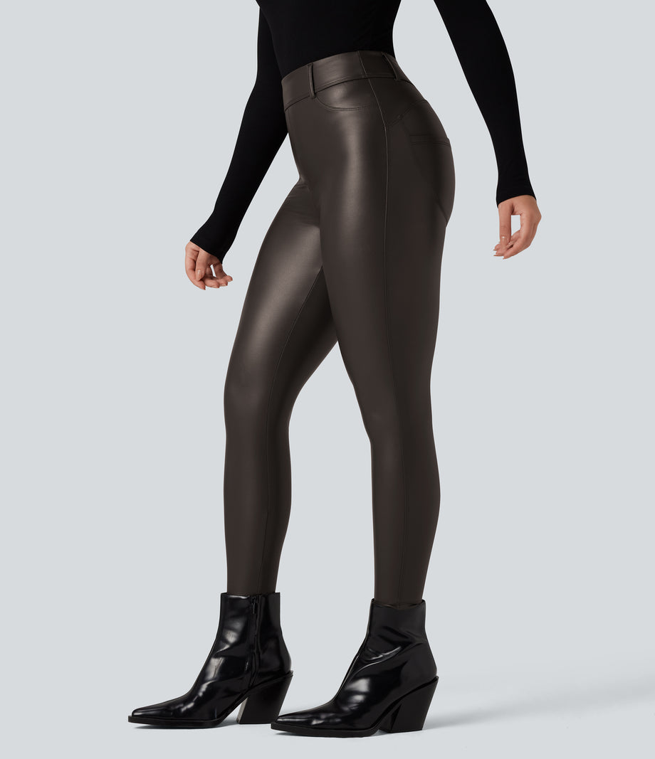 High Waisted Stretchy PU Fleece Casual Leggings with Pockets - Hot Fudge