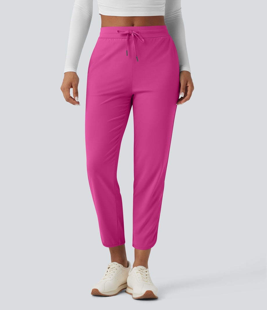Mid Rise Drawstring Curved Hem Quick Dry Golf Tapered Pants with Pockets-UPF40+ - Fuchsia Fedora