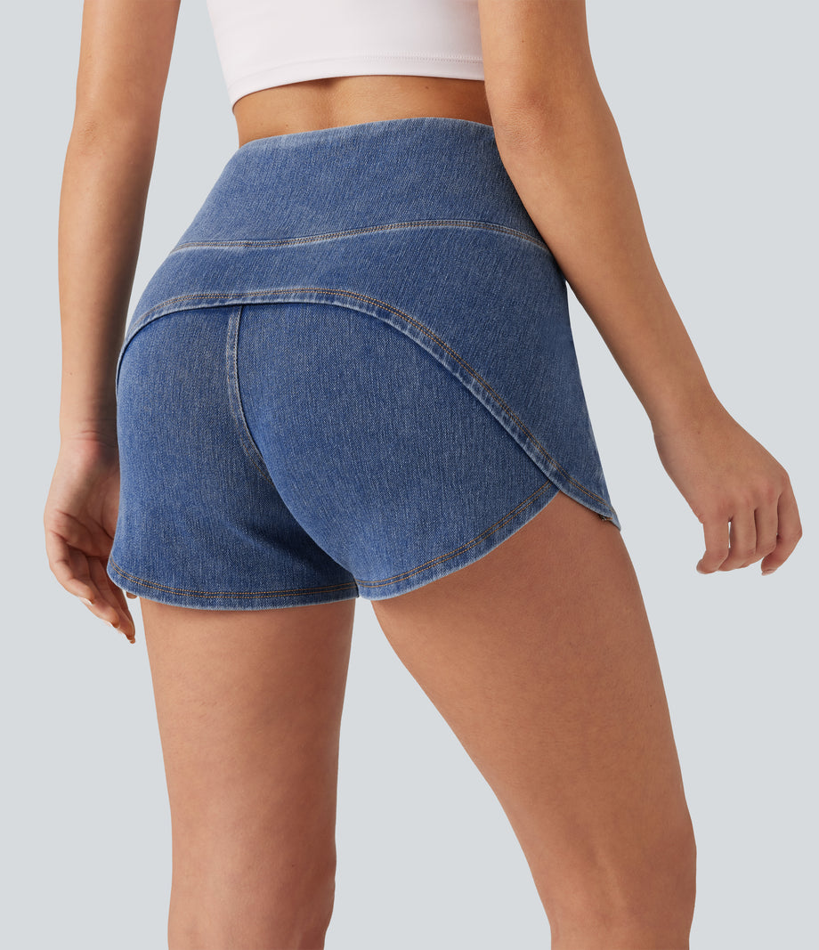 Halara Flex™ High Waisted Tummy Control Curved Hem Skinny Denim Casual Shorts with Pockets -  Blue Jasper Denim