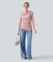 Mock-neck Long Sleeve Ruched Asymmetric Hem Thermal Casual Top - Dirty Pink