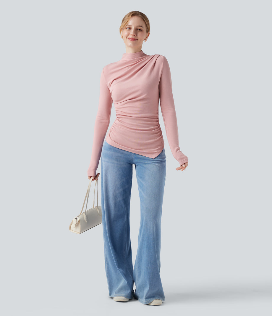 Mock-neck Long Sleeve Ruched Asymmetric Hem Thermal Casual Top - Dirty Pink