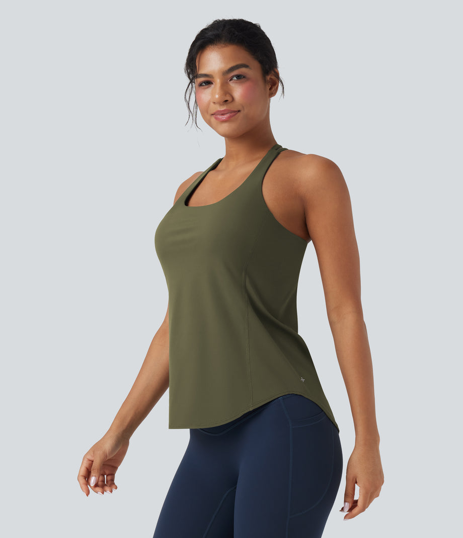 Halara UltraSculpt™ Round Neck Crisscross Back Running Tank Tops DD-F Cups - Grass Grey Green