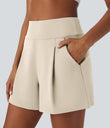 DayStretch High Waisted Work Baggy Shorts 4'' with Pockets - Oat Milk