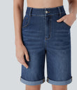 Halara Flex™ High Waisted Pockets Rolled Hem Washed Denim Casual Bermuda Shorts - Inkling  Blue Denim