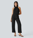 Keyhole Back Halter Sleeveless Curved Hem Work Blouse - Black