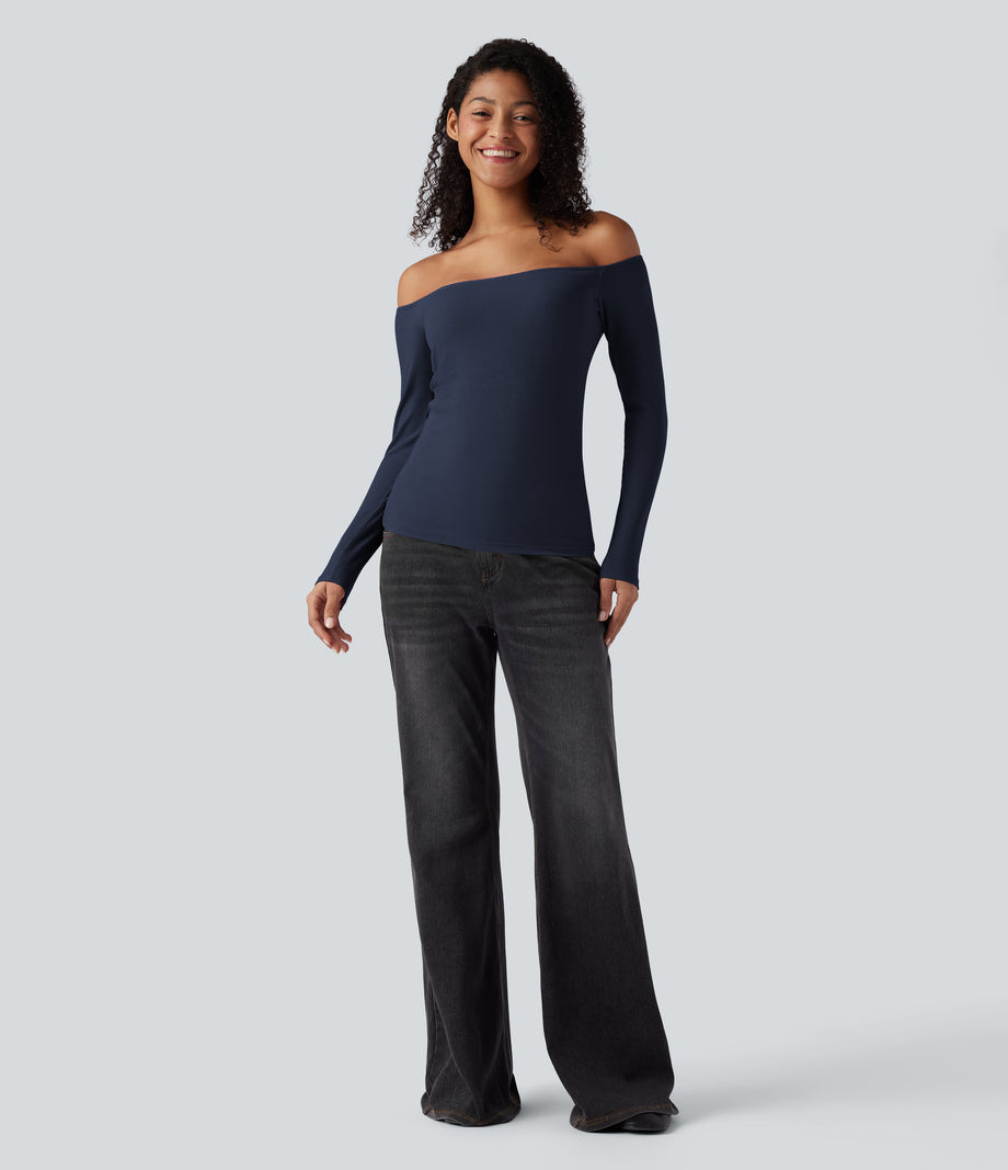 Ribbed Knit Off Shoulder Long Sleeve 2-in-1 Casual Top - Naval Academy