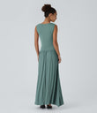 Ribbed Boat Neck Asymmetric Strap Ruched Pocket Flowy Maxi Casual Dress - Clear Green