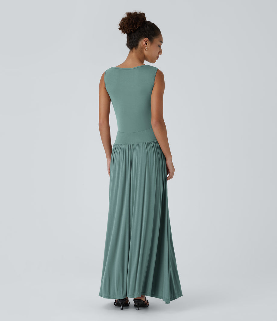Ribbed Boat Neck Asymmetric Strap Ruched Pocket Flowy Maxi Casual Dress - Clear Green