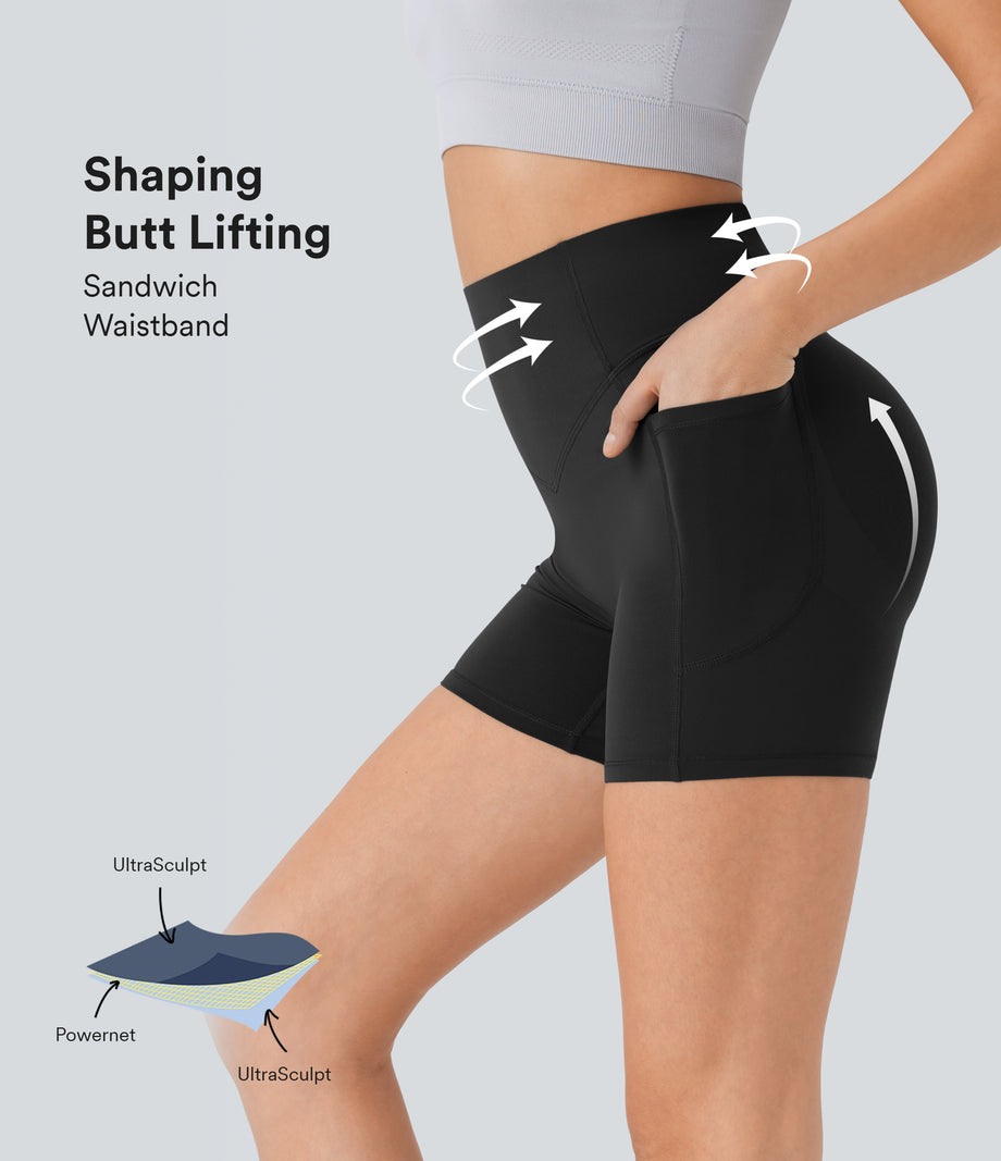 Halara UltraSculpt™ High Waisted Scrunch Butt Lifting Tummy Control Pocket Shaping Workout Biker Shorts 5'' - Black