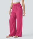 High Waisted Drawstring Pocket Wide Leg Baggy Casual Linen-Feel Pants - Raspberry Sorbet