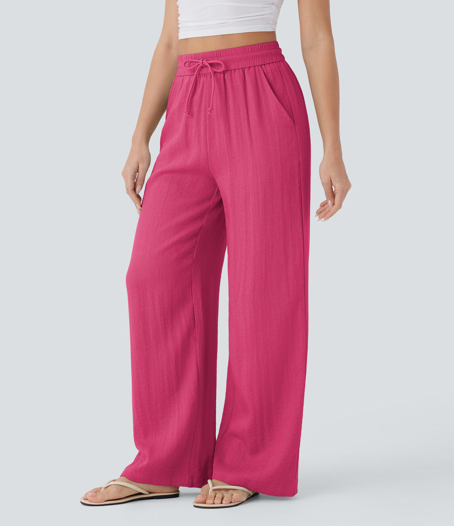 High Waisted Drawstring Pocket Wide Leg Baggy Casual Linen-Feel Pants - Raspberry Sorbet