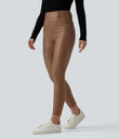 High Waisted Stretchy PU Fleece Casual Leggings with Pockets - Argan Oil
