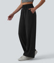 High Waisted Drawstring Wide Leg Casual Linen-Blend Pants with Pockets - Black