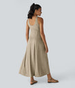 U Neck Flowy Maxi Casual Tank Dress - Khaki Floral Yarn
