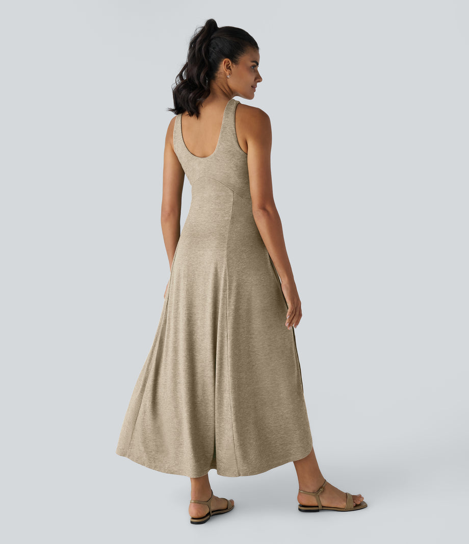 U Neck Flowy Maxi Casual Tank Dress - Khaki Floral Yarn