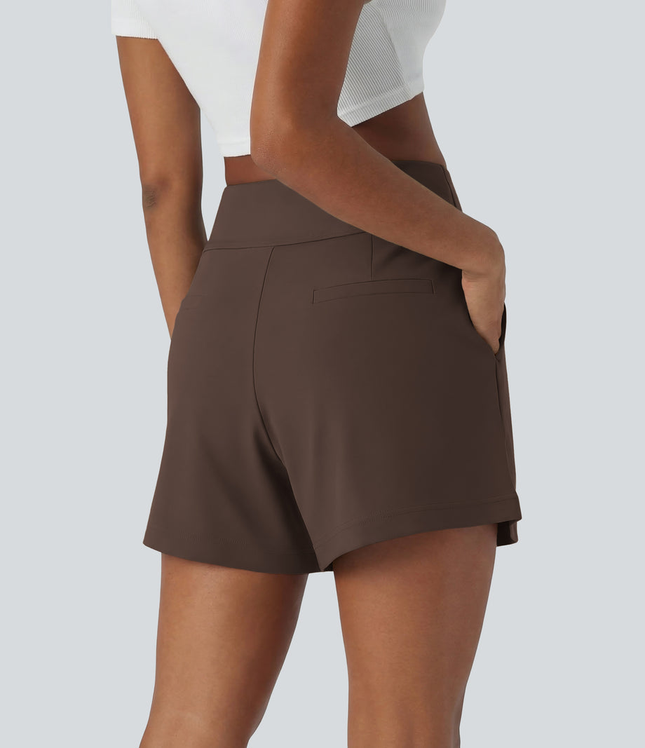 DayStretch High Waisted Work Baggy Shorts 4'' with Pockets - Chocolate Martini