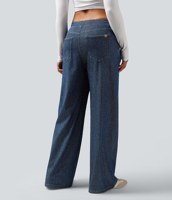 Halara Flex™ Low Rise Drawstring Wide Leg Sparkle Casual Sweatpants Jeans with Pockets - Pageant Blue Denim
