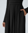 Mock-neck Long Sleeve Pocket Flare Maxi Casual Dress - Black