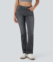 Halara Flex™ Low Rise Zipper Pockets Washed Casual Bootcut Jeans - Dirty Black Denim