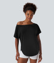 One Shoulder Short Sleeve Curved Hem High Low Quick Dry Yoga Sports Top - Black