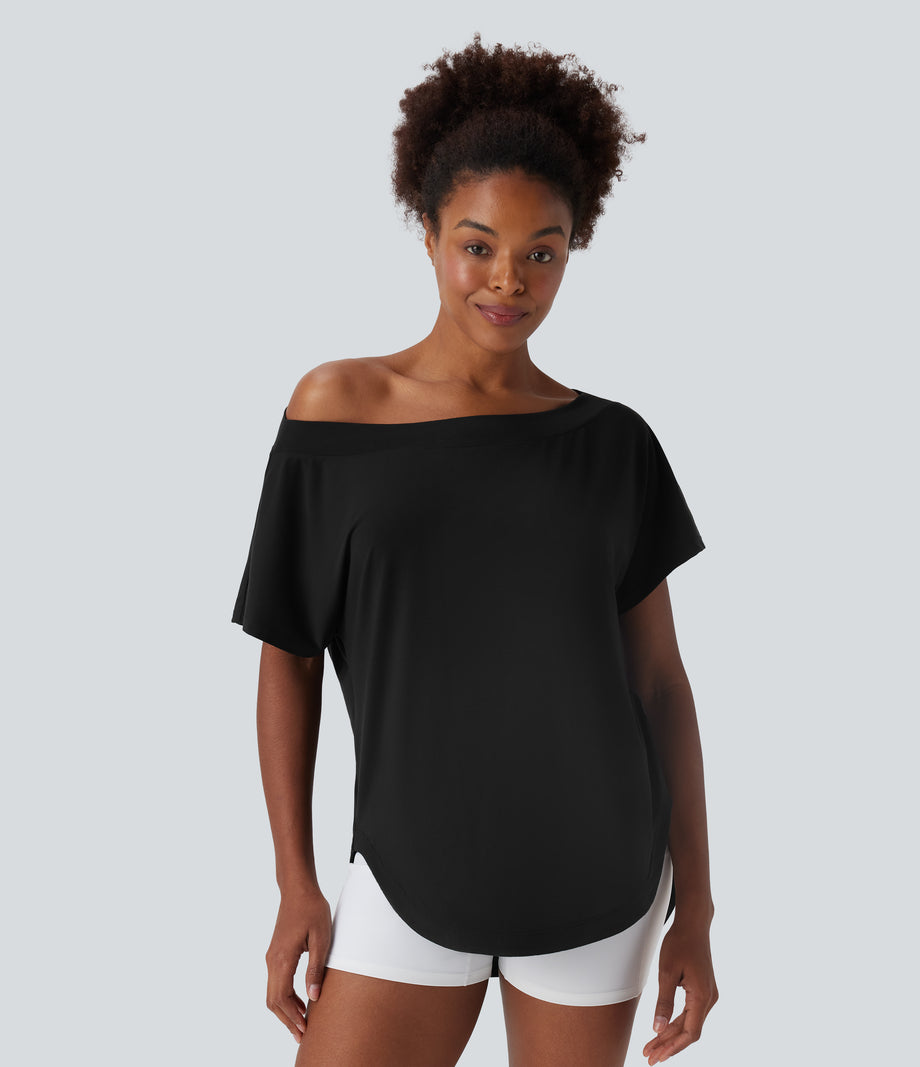 One Shoulder Short Sleeve Curved Hem High Low Quick Dry Yoga Sports Top - Black