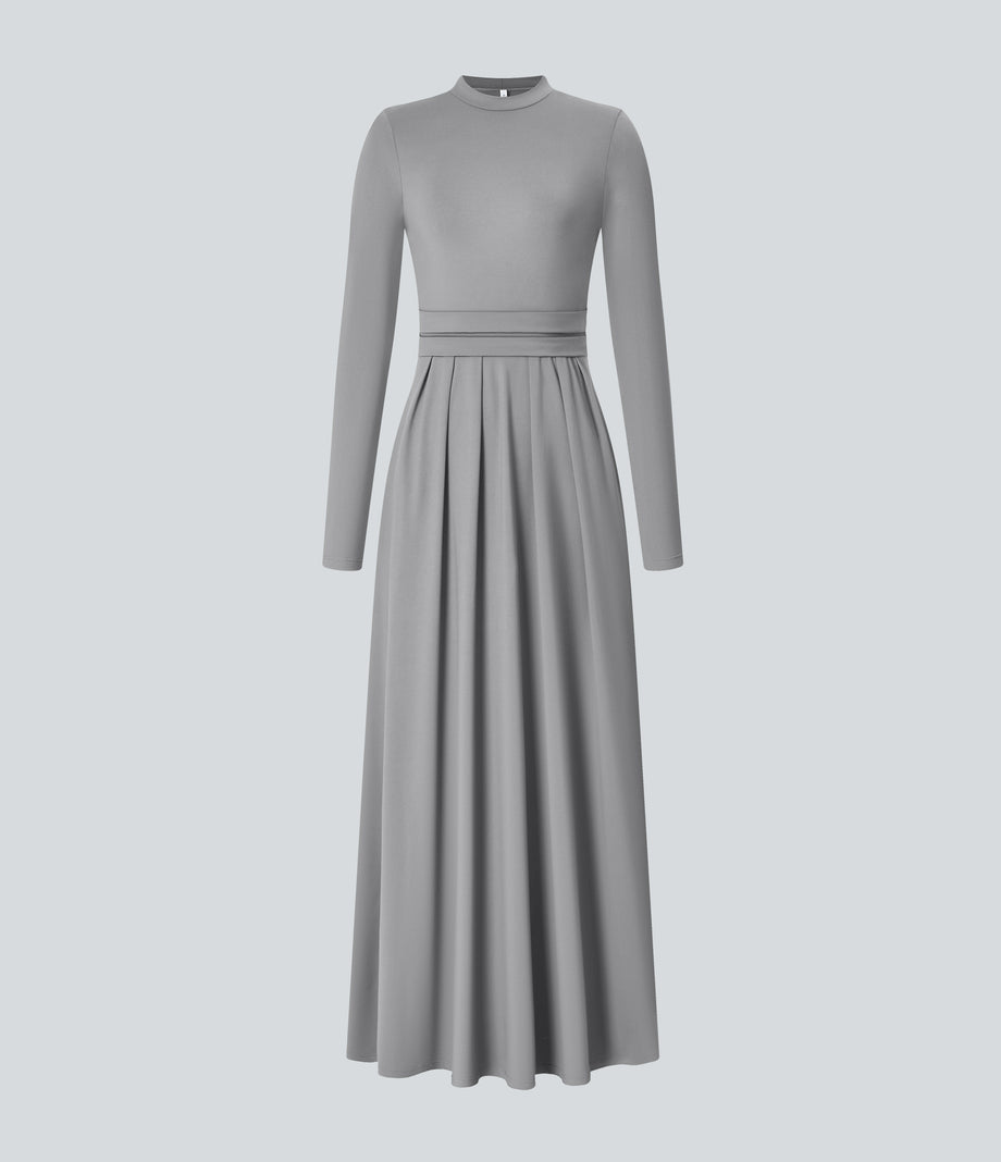 Mock-neck Long Sleeve Pocket Flare Maxi Casual Dress - Ultimate Gray