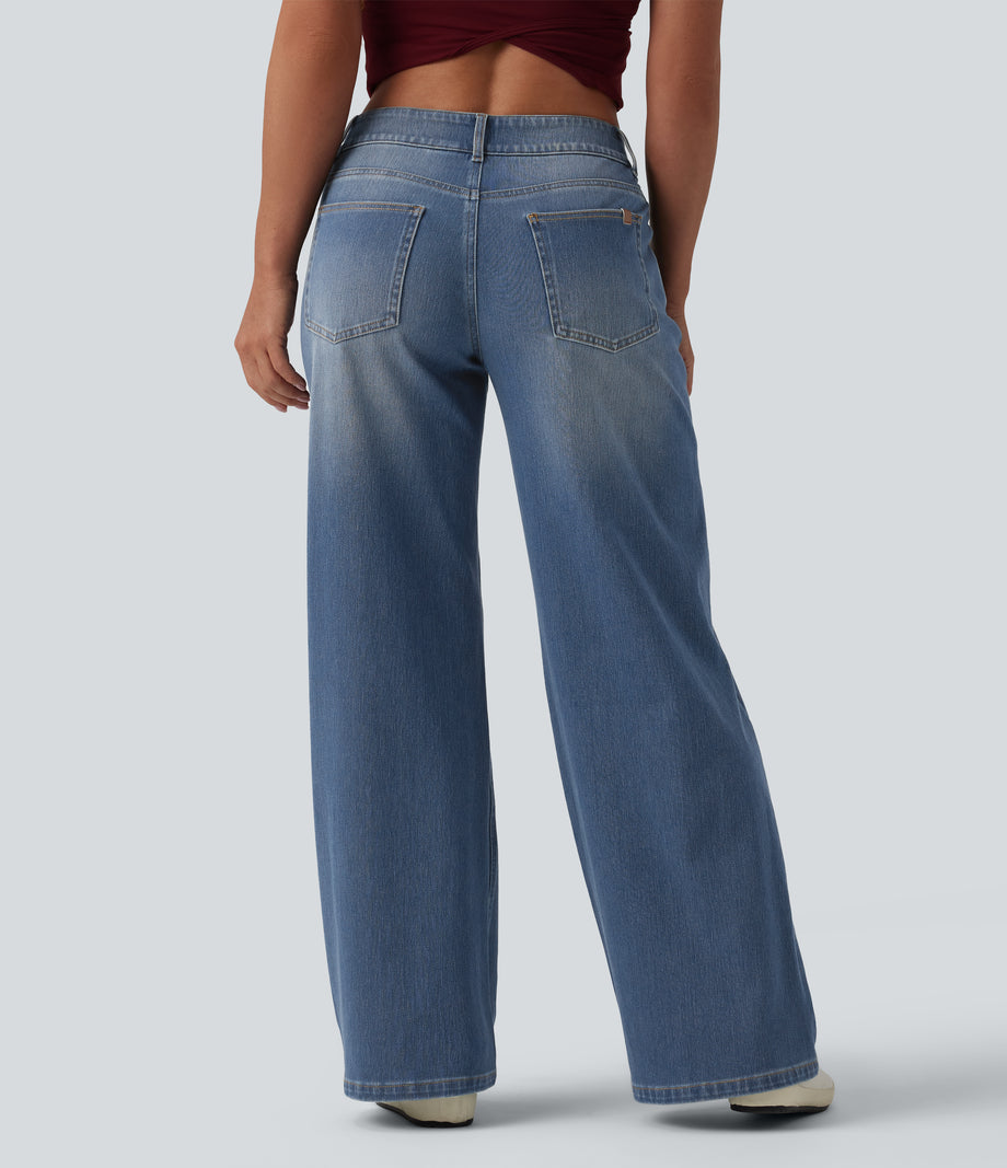 Halara Flex™ Low Rise Zipper Pockets Washed Baggy Wide Leg Casual Jeans - Blue Surf Denim
