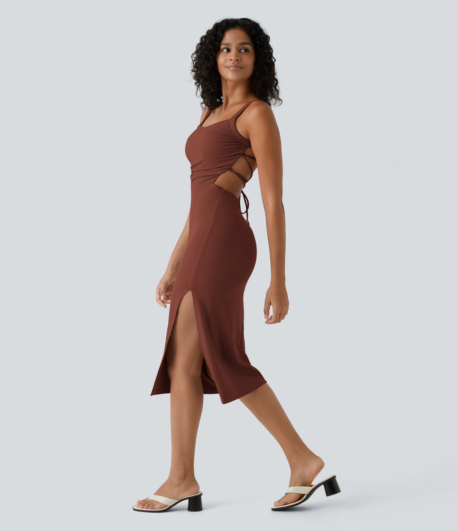 Ruched Lace Up Bodycon Midi Casual Dress - Sequoia