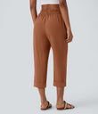 High Waisted Zipper Pocket Cropped Linen-Feel Pants - Sierra
