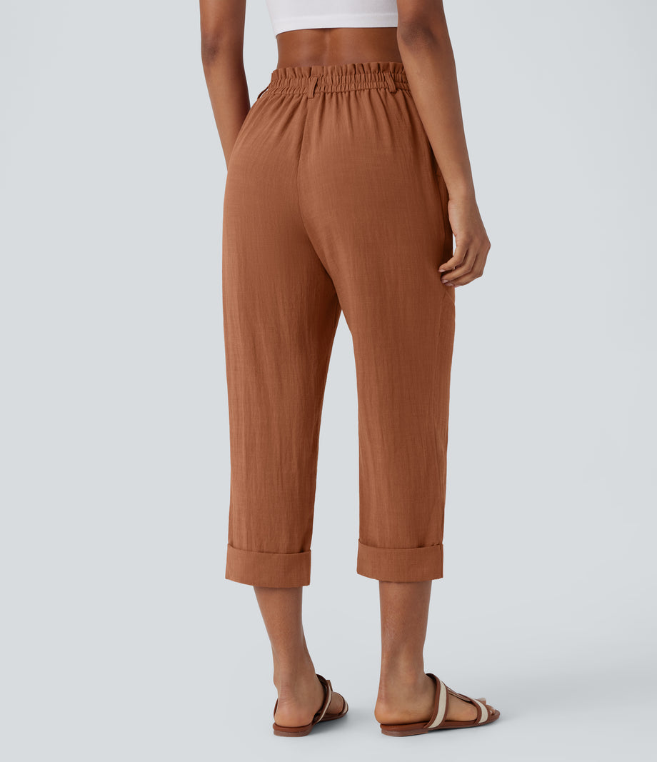 High Waisted Zipper Pocket Cropped Linen-Feel Pants - Sierra