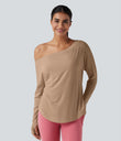 One Shoulder Long Sleeve Thumb Hole Curved Hem High Low Quick Dry Yoga Sports Top-Built-in Bra - Praline