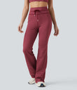 High Waisted Drawstring Stripe Flare Yoga Pants with Pockets - Crimson Rose