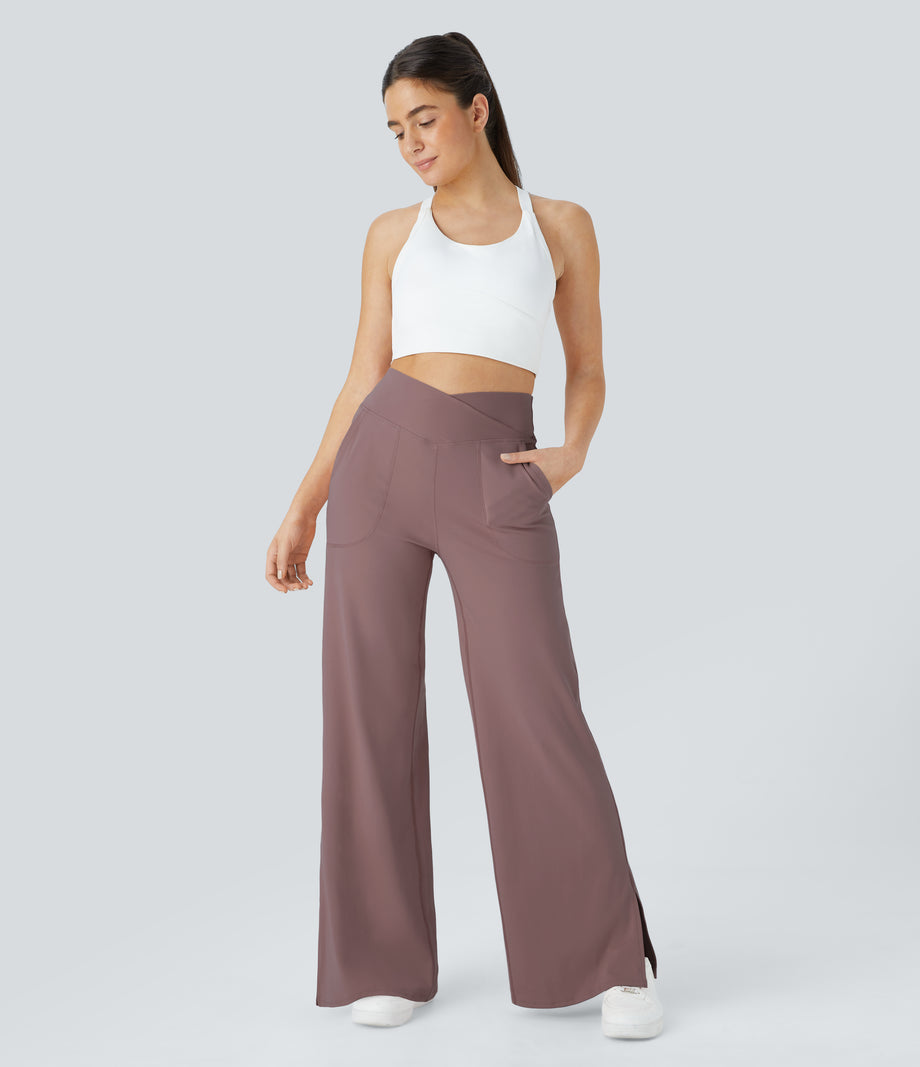 DayStretch Crossover Pocket Hem Wide Leg Yoga Pants-Smile - Purple Sandalwood