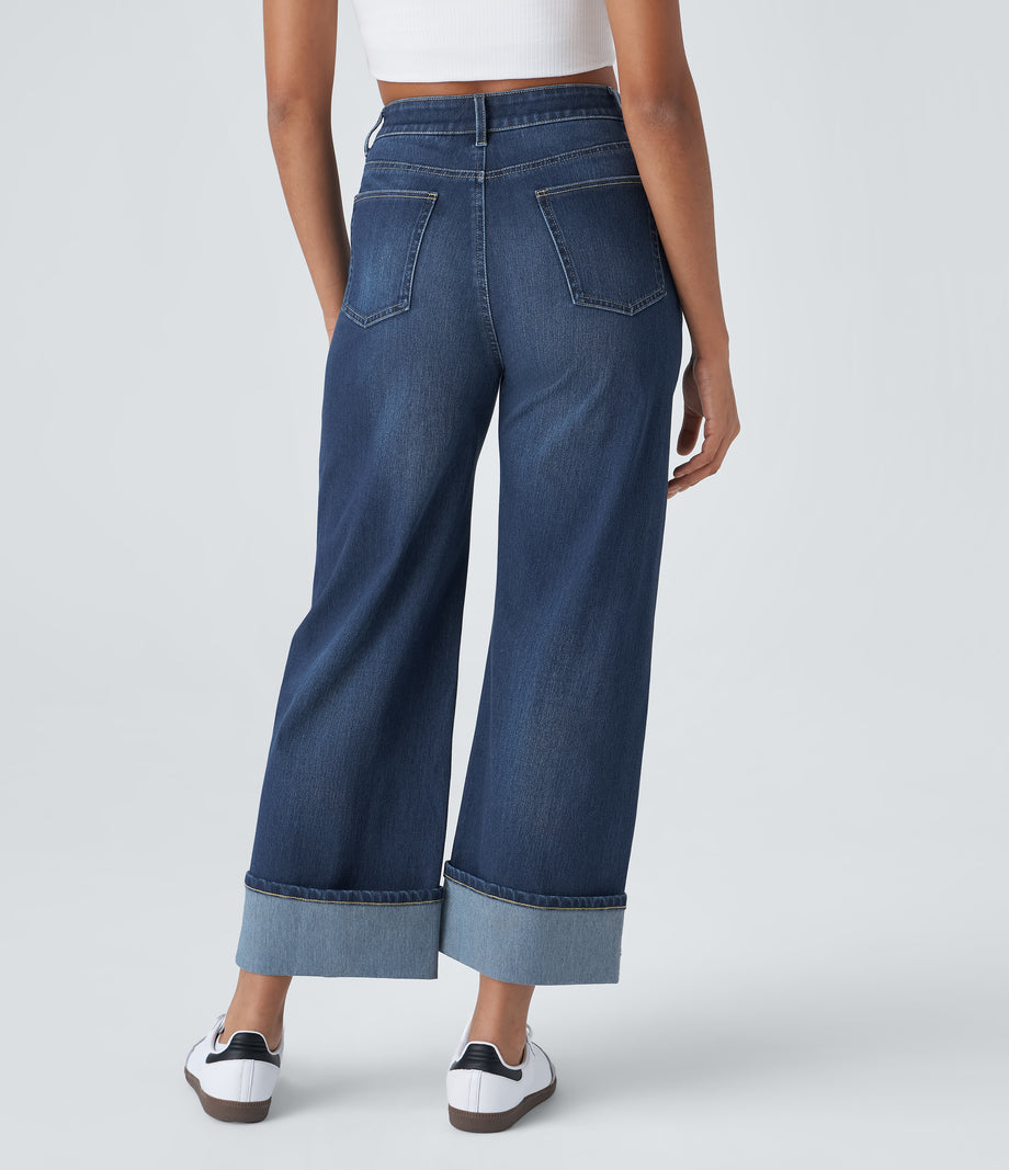 Halara Flex™ High Waisted Pockets Rolled Hem Wide Leg Washed Casual Jeans - Paint Blue Denim